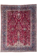 alt="Antique Mashhad Persian carpet with floral motifs, hand-knotted wool, 1950s